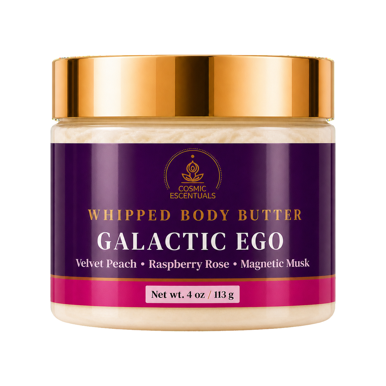 Cosmic Escentuals Whipped Body Butter, Galactic Ego, 4oz jar with a shiny gold lid, shown on a plain white background.