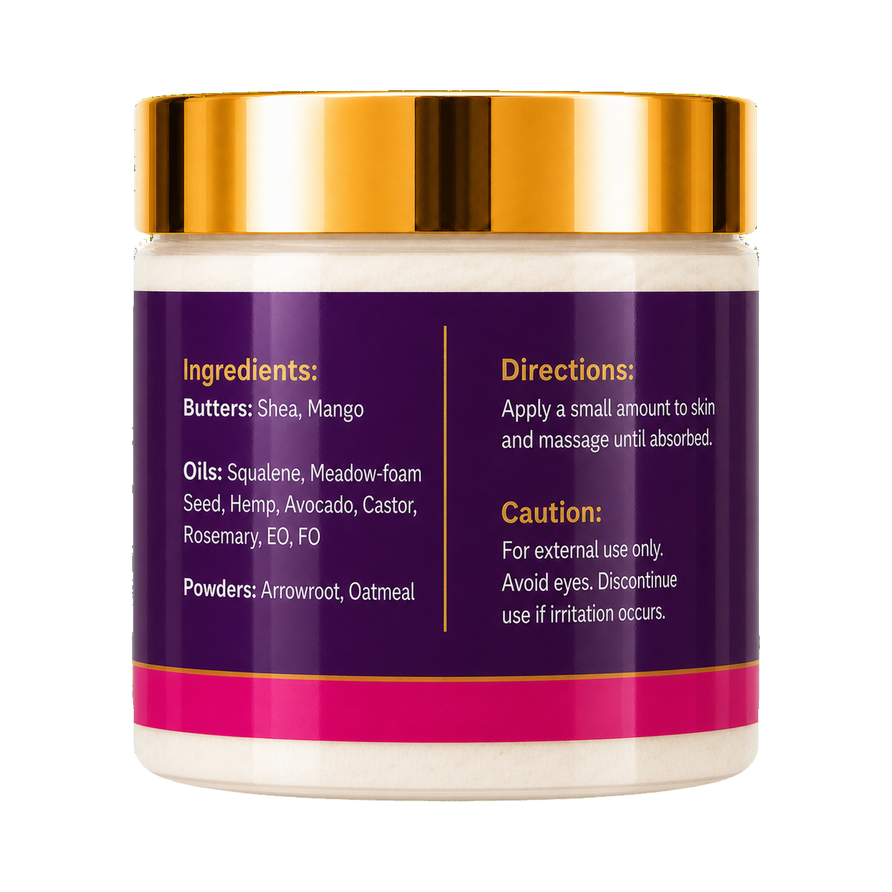 A cosmetic 8oz jar of Galactic Ego Whipped Body Butter with a metallic gold lid showing ingredients and directions, set against a plain white background.