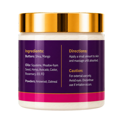A cosmetic 8oz jar of Galactic Ego Whipped Body Butter with a metallic gold lid showing ingredients and directions, set against a plain white background.