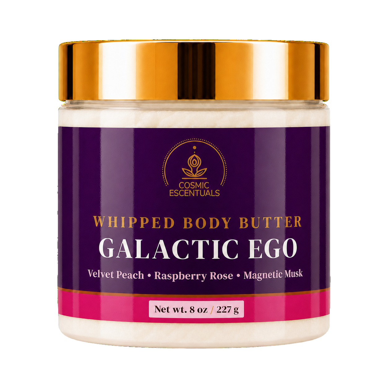 Cosmic Escentuals Whipped Body Butter, Galactic Ego, 8oz jar with a shiny gold lid, shown on a plain white background.