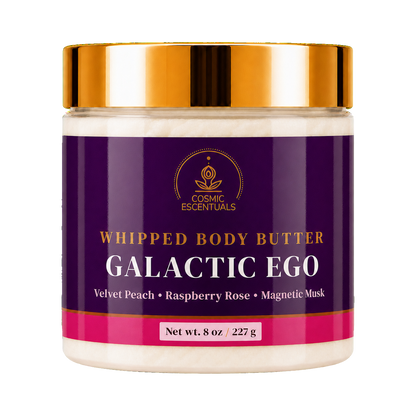 Cosmic Escentuals Whipped Body Butter, Galactic Ego, 8oz jar with a shiny gold lid, shown on a plain white background.