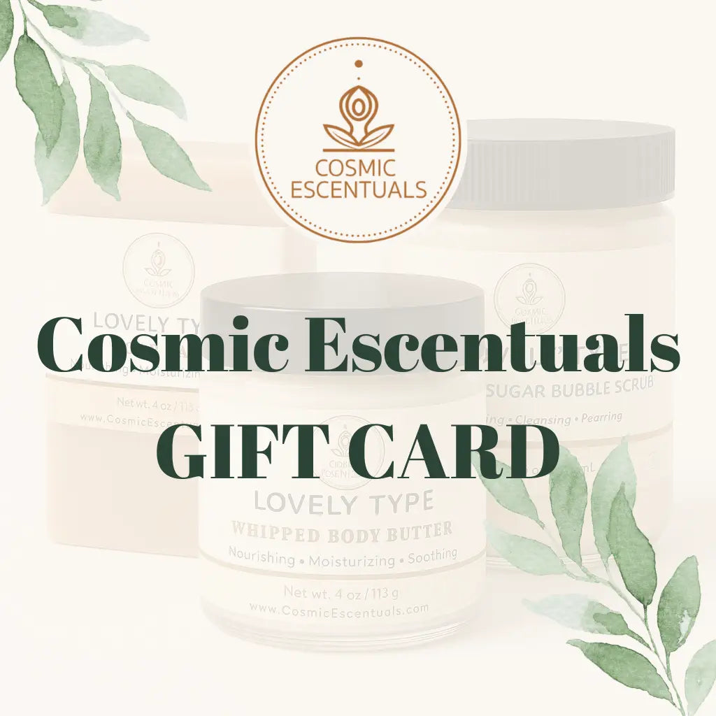 Cosmetic product with 'Cosmic Escentuals' branding and text overlay on a white background.