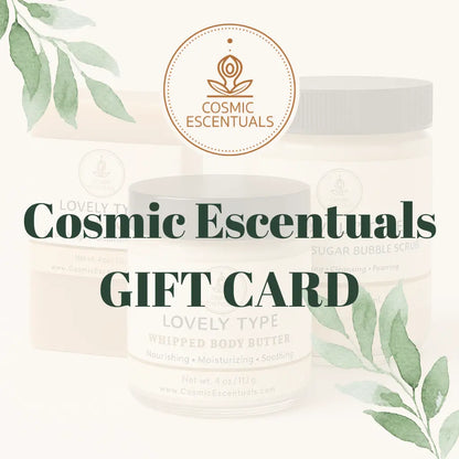 Cosmetic product with 'Cosmic Escentuals' branding and text overlay on a white background.