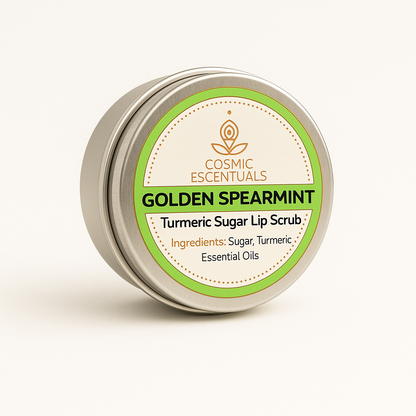Golden Spearmint turmeric sugar lip scrub tin with green label and ingredients text