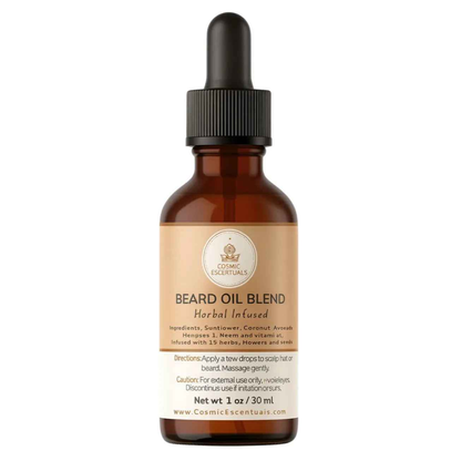 Herbal infused beard oil blend bottle with black dropper, amber glass, front label text.