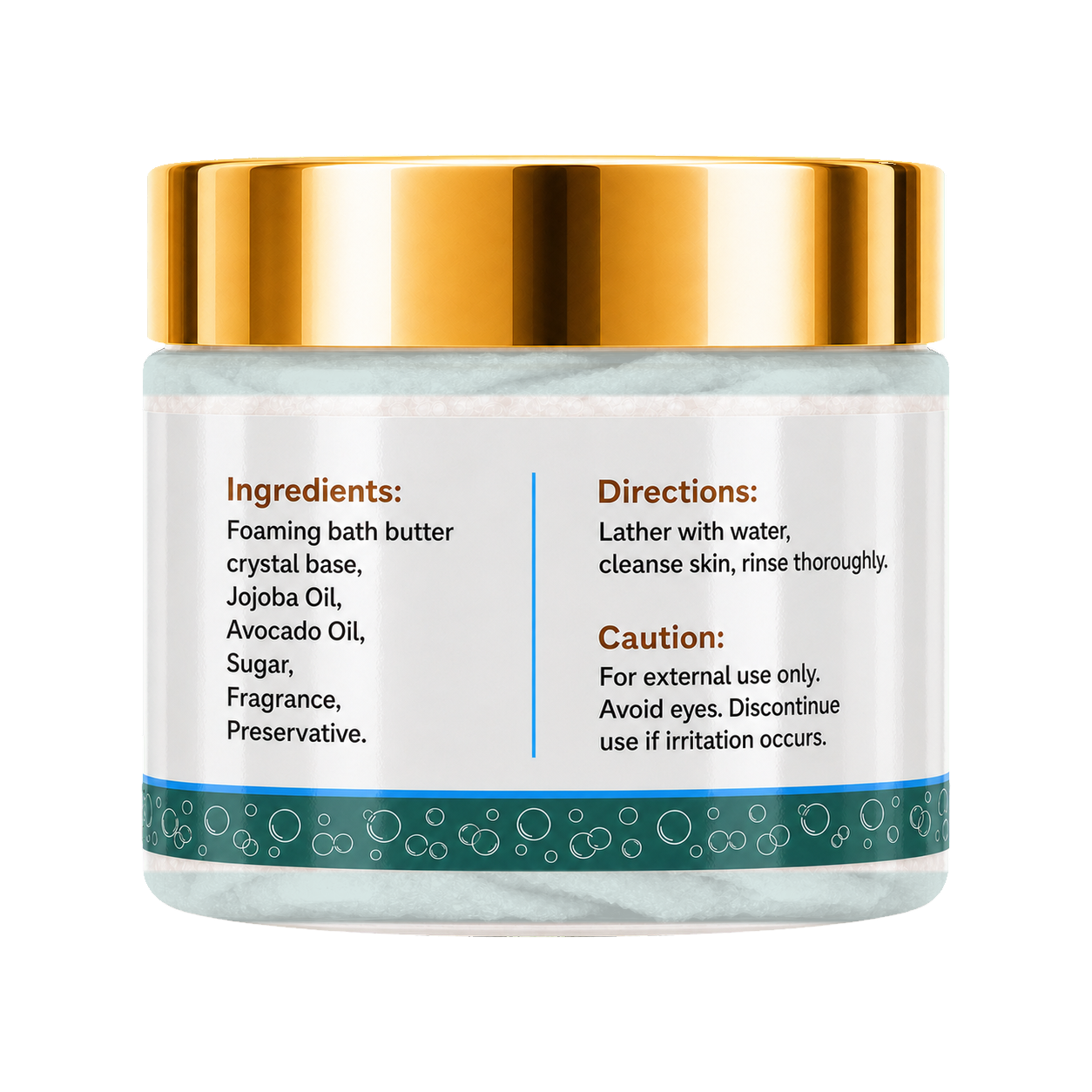 A jar of foaming bath butter with a shiny gold lid and a white label featuring product ingredients and usage directions, set against a plain white background.