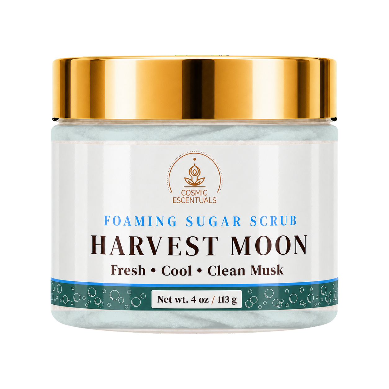 Cosmic Essentials Harvest Moon Foaming Sugar Scrub in a 4 oz jar with a shiny gold lid and a white label featuring blue and black text.