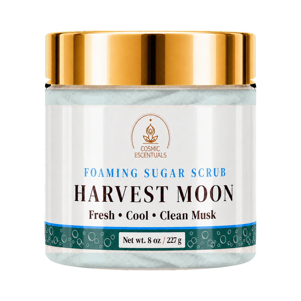 Cosmic Essentials Harvest Moon Foaming Sugar Scrub in an 8 oz jar with a white label, teal accents, and a shiny gold lid, set against a plain white background.