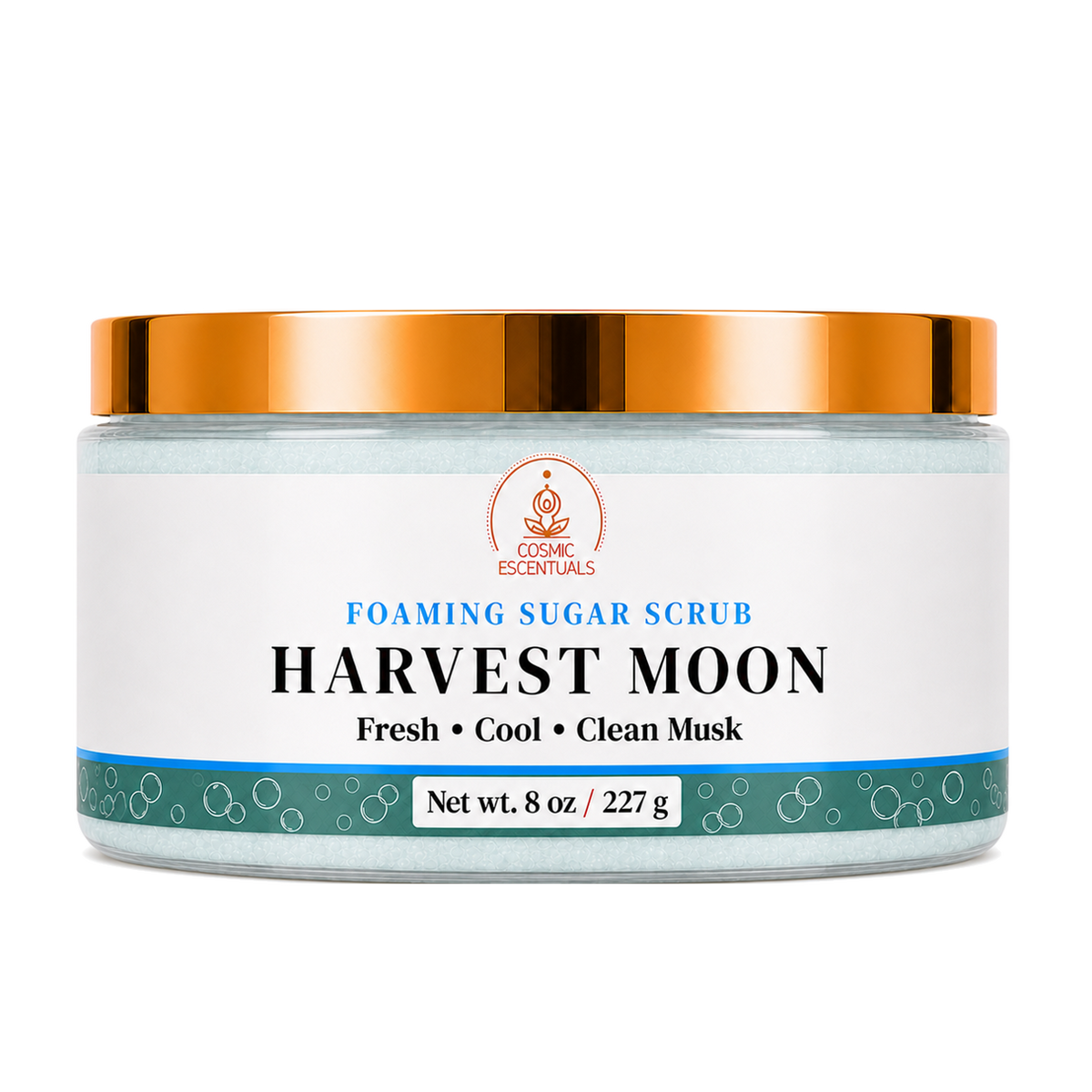 Harvest Moon Foaming Sugar Scrub 8oz jar shown on its own against a plain background.