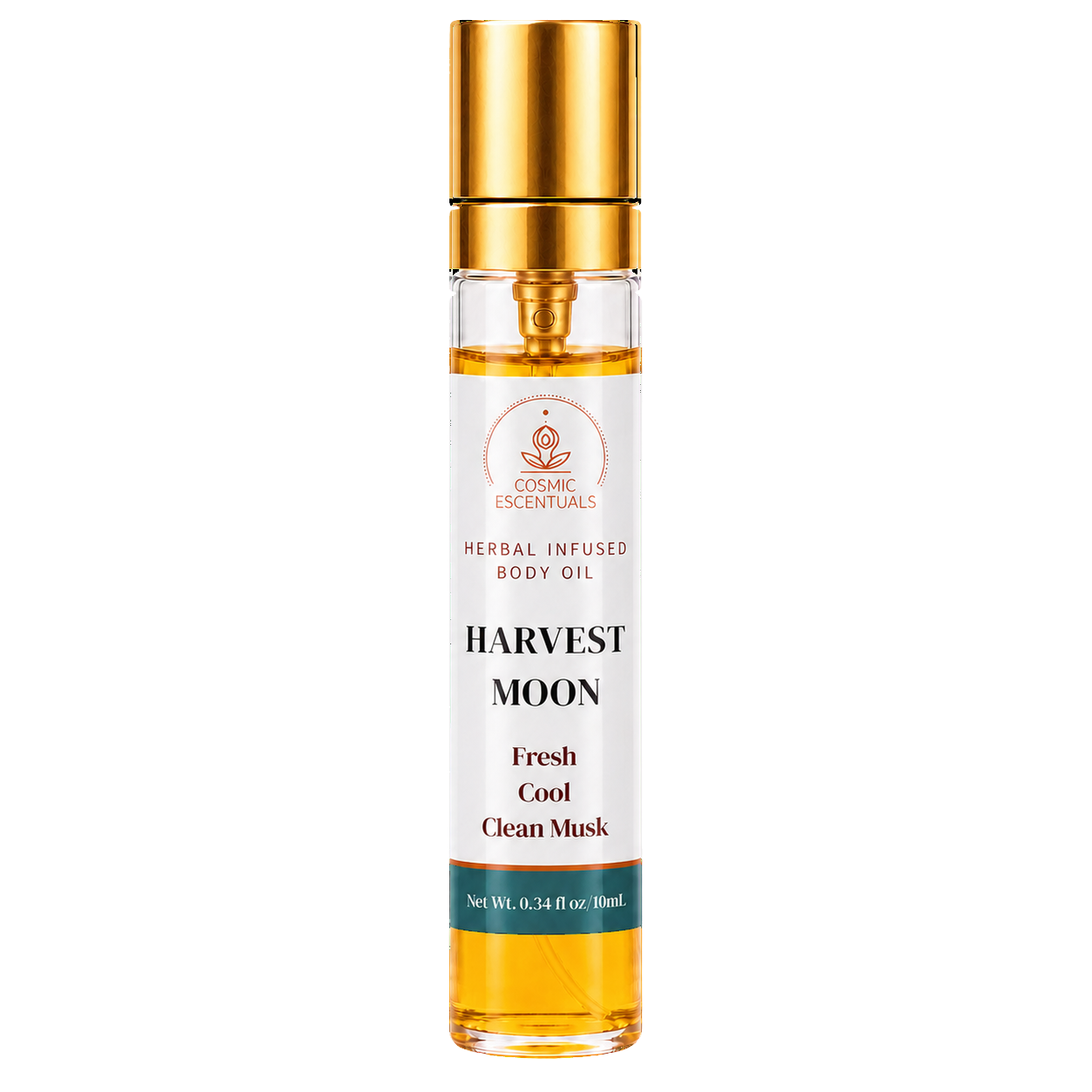 Cosmic Essentials Harvest Moon Herbal Infused Body Oil in a clear glass bottle with a gold cap, showing the golden oil inside, on a white background.