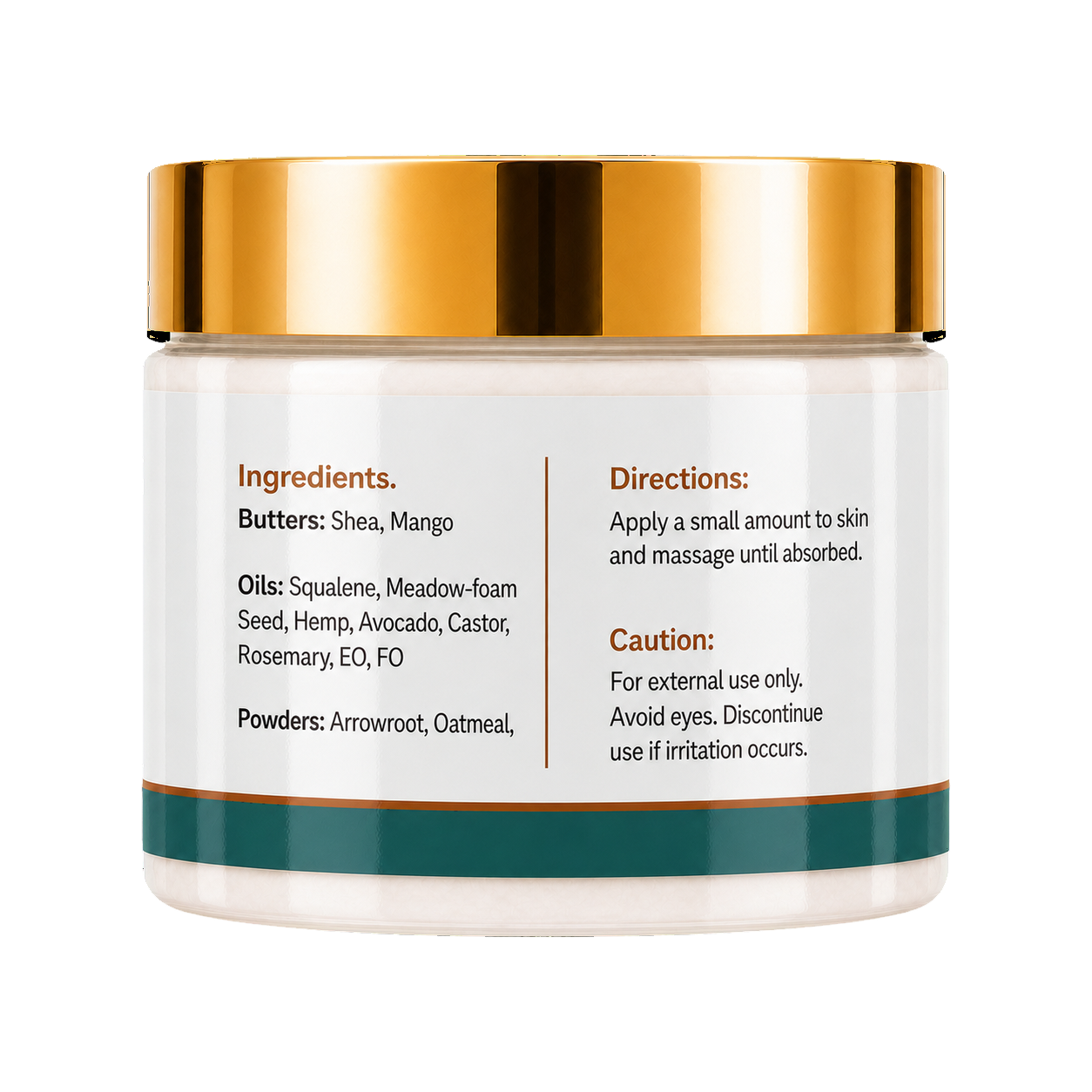 A white cosmetic jar with a shiny gold lid and a dark teal band near the bottom, showing product information on the front label including ingredients and directions.
