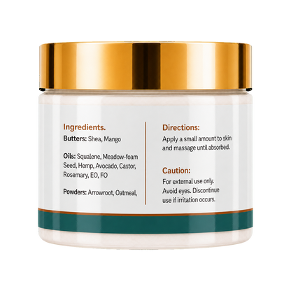 A white cosmetic jar with a shiny gold lid and a dark teal band near the bottom, showing product information on the front label including ingredients and directions.