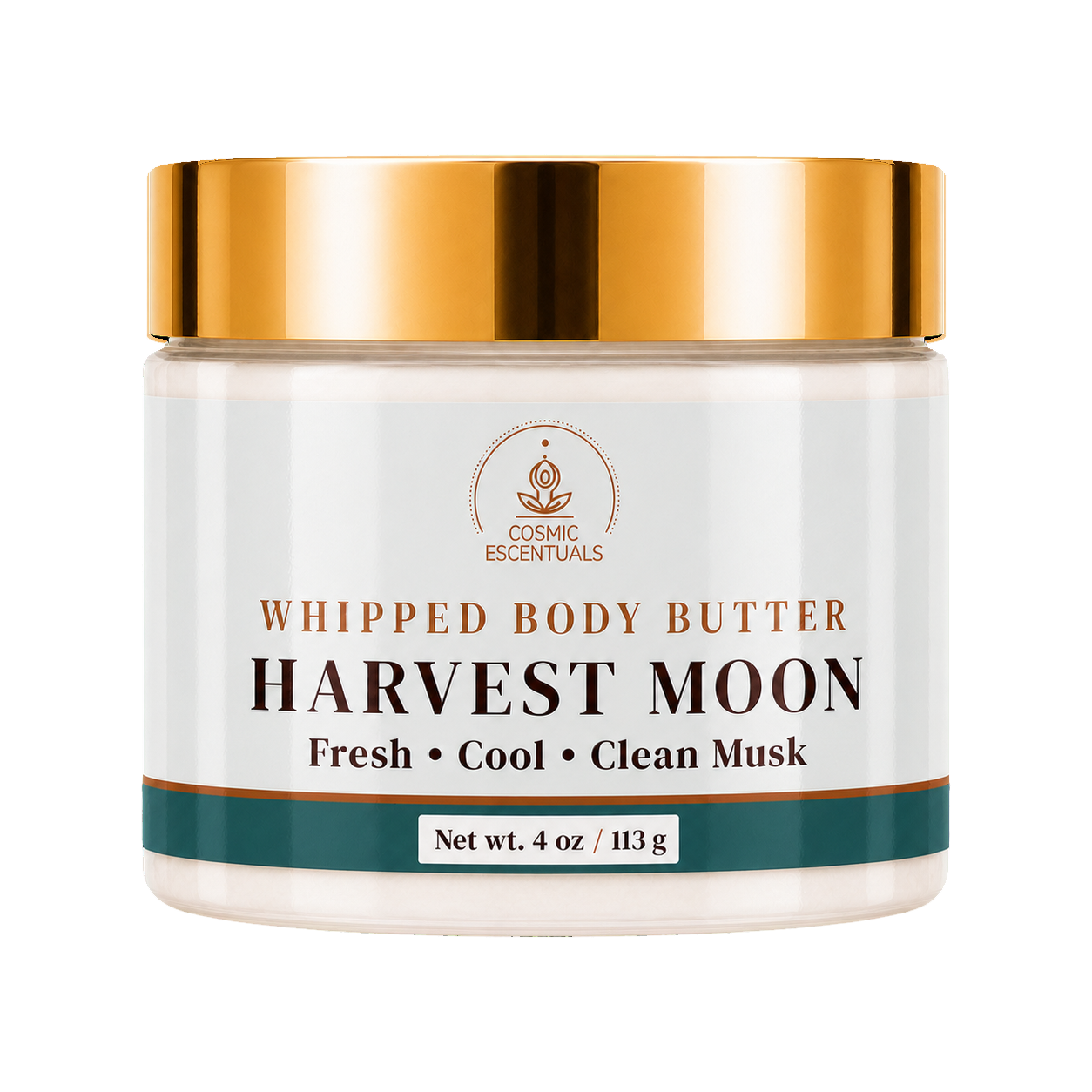 Cosmic Essentials Harvest Moon Whipped Body Butter in a 4 oz jar with a metallic gold lid and white label, on a solid white background.