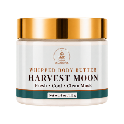 Cosmic Essentials Harvest Moon Whipped Body Butter in a 4 oz jar with a metallic gold lid and white label, on a solid white background.