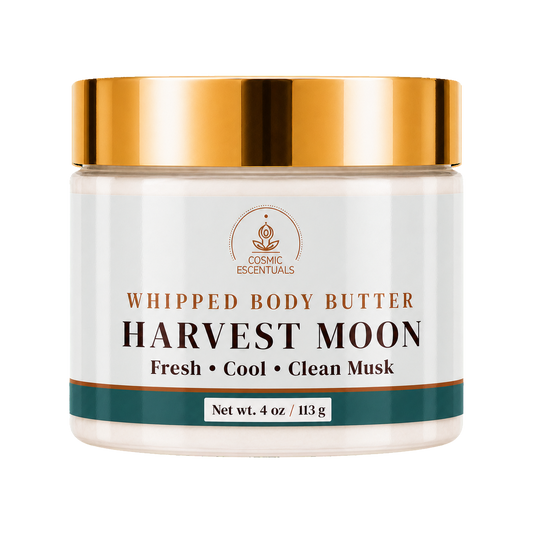 Cosmic Essentials Harvest Moon Whipped Body Butter in a 4 oz jar with a metallic gold lid and white label, on a solid white background.