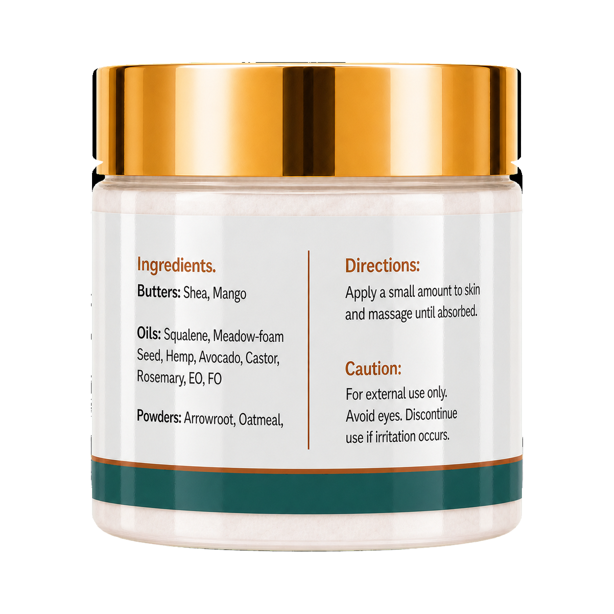 Harvest Moon Whipped Body Butter 8oz jar, back label showing ingredients and directions, on a plain white background.