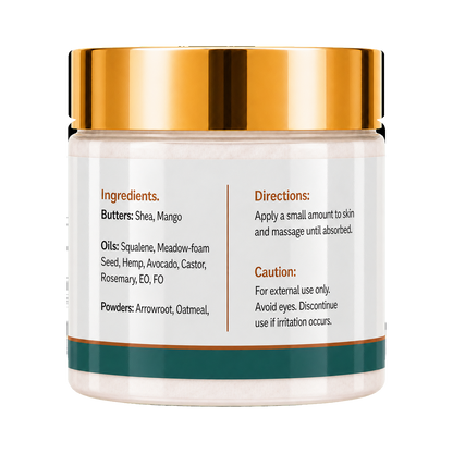 Harvest Moon Whipped Body Butter 8oz jar, back label showing ingredients and directions, on a plain white background.