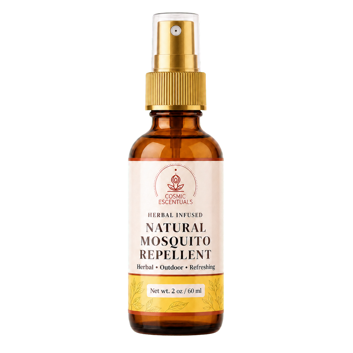 A 2 oz amber glass spray bottle of Cosmic Essentials Natural Mosquito Repellent with a gold spray cap and cream-colored label, shown on a plain white background.
