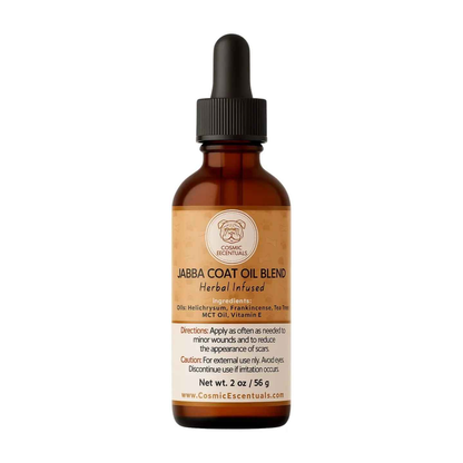 Jabba Coat Oil Blend pet healing oil bottle, 2 oz amber glass with dropper