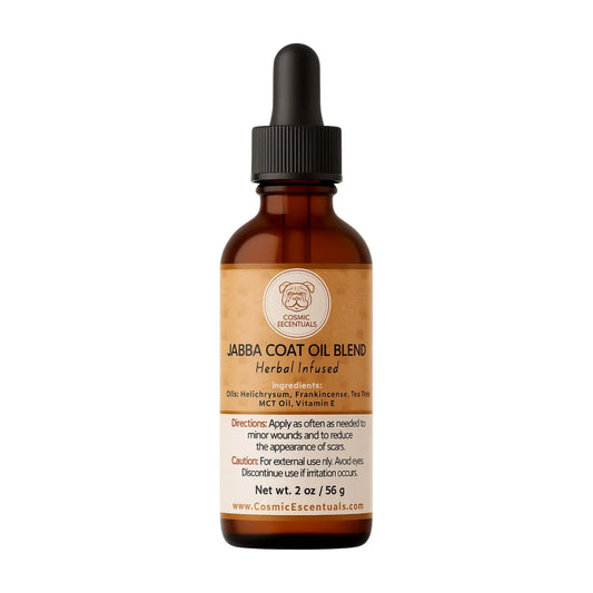 Brown bottle with dropper labeled 'Jabba Coat Oil Blend' on a white background