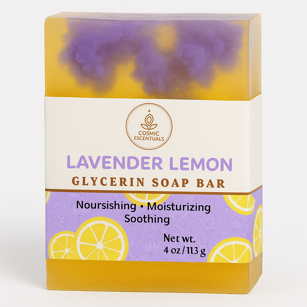 Lavender Lemon Glycerin Soap Bar packaging with Cosmic Escentuals logo on a white background