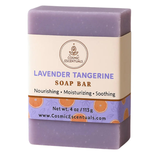 Lavender Tangerine soap bar with Cosmic Escentuals packaging on a white background