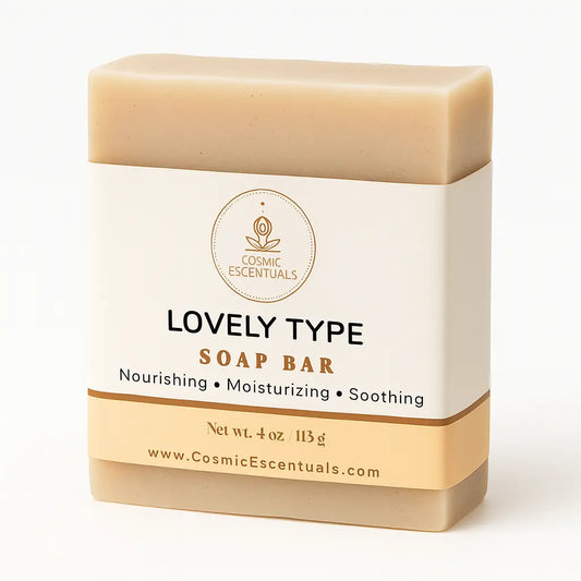 Lovely Type soap bar with Cosmic Escentuals branding on a white background
