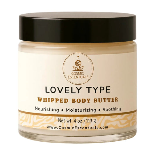 Jar of 'Lovely Type' whipped body butter with a black lid on a white background