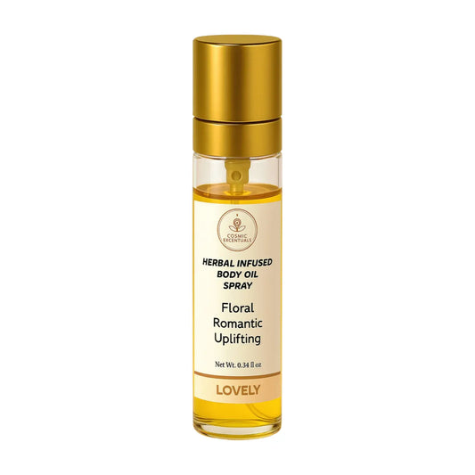 Herbal infused body oil spray bottle with gold cap on a white background