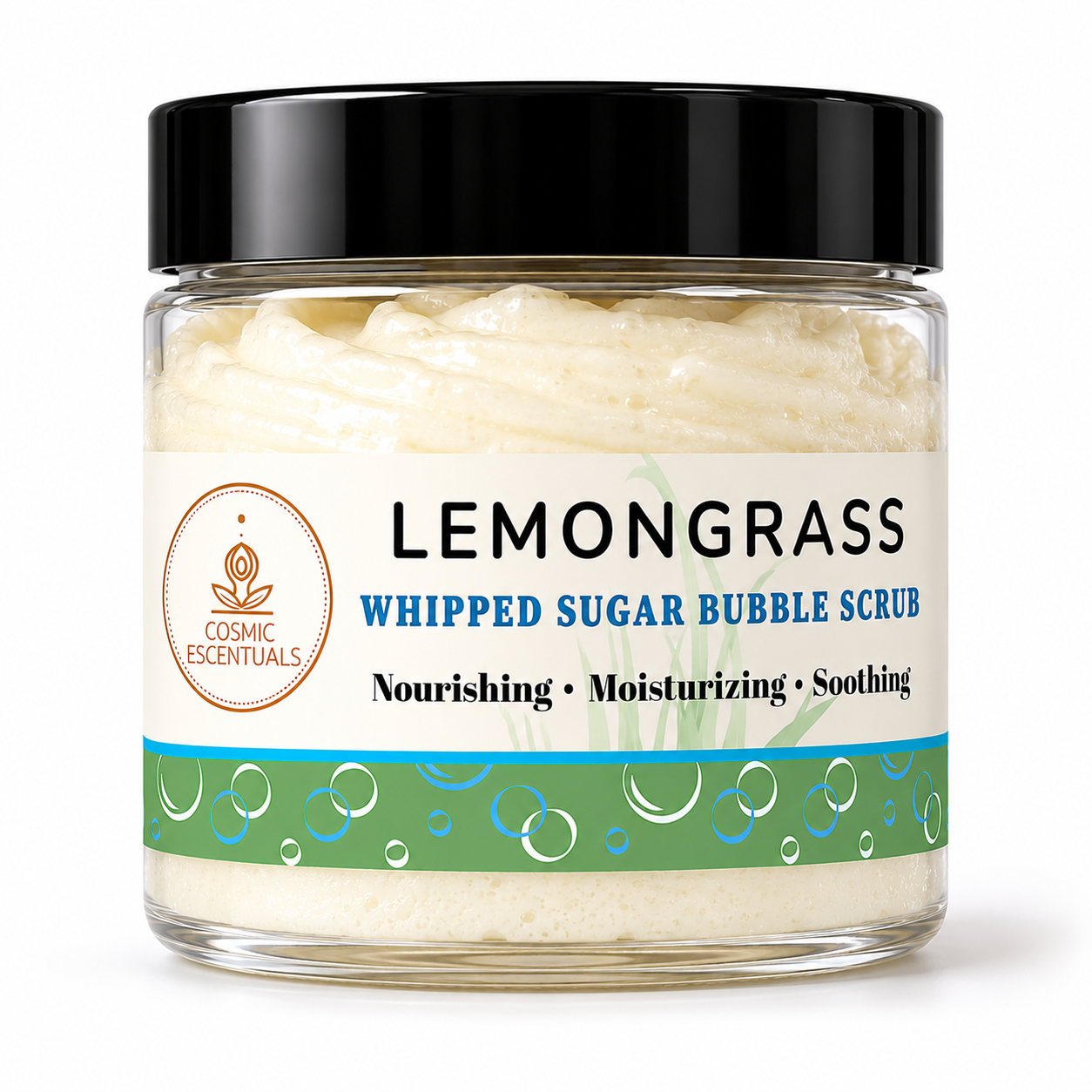 Jar of lemongrass whipped sugar bubble scrub with a label on a white background