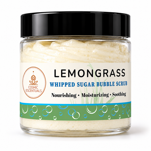 Jar of lemongrass whipped sugar bubble scrub with a label on a white background