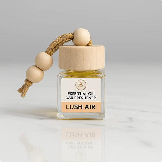 Lush Air essential oil car freshener with wooden beads on a light gray background