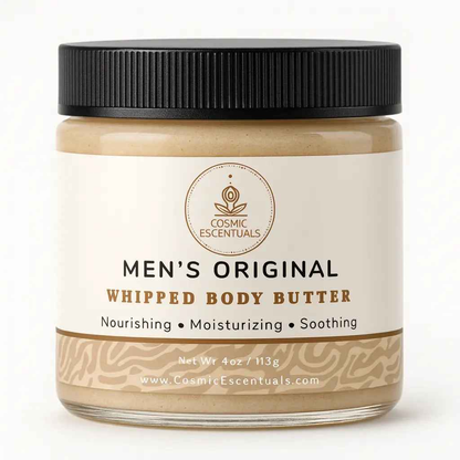 Men’s original whipped body butter in a clear glass jar with black ribbed lid