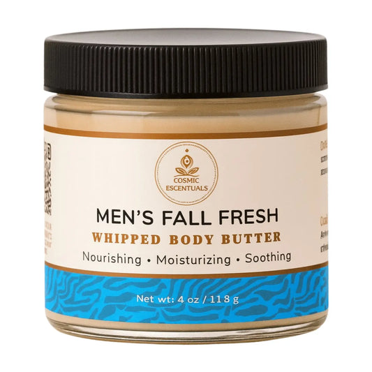 Jar of 'Men's Fall Fresh' whipped body butter with a black lid on a white background