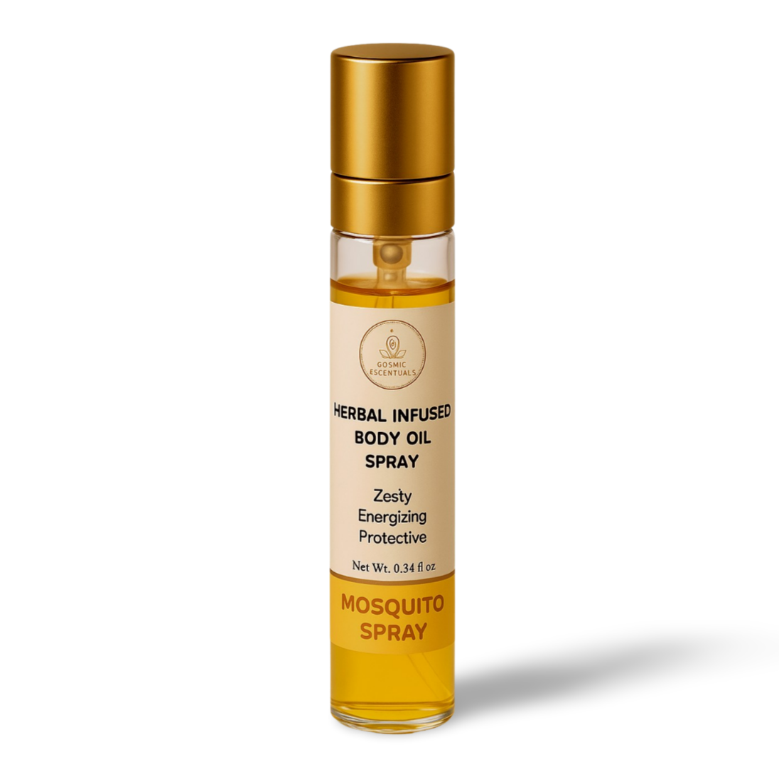 Mosquito spray bottle with gold cap and label on a white background