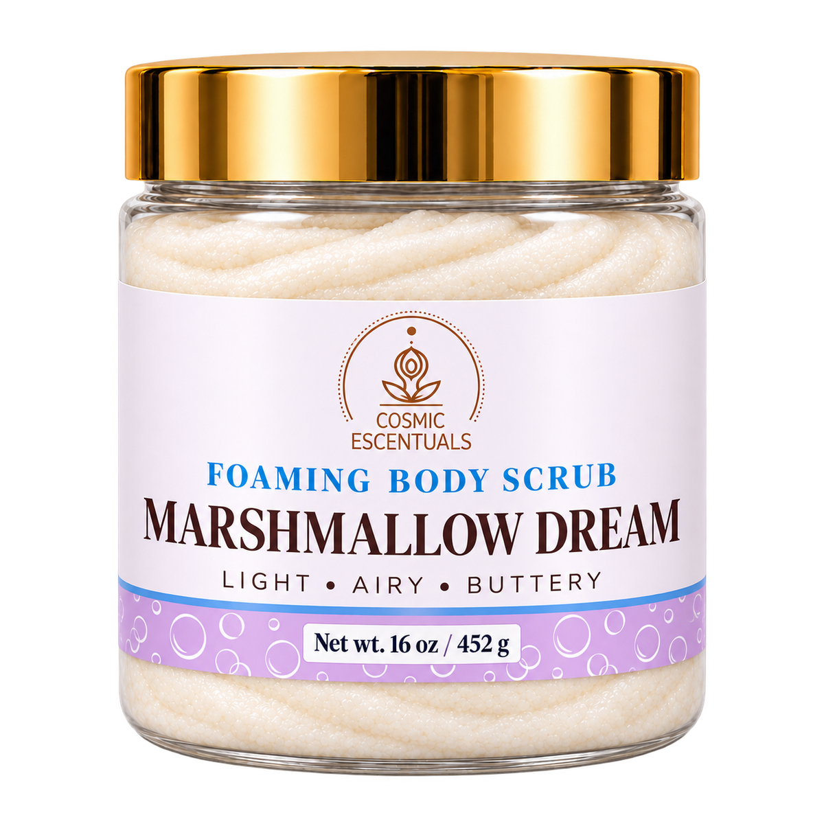 Marshmallow Dream foaming body scrub, 16 oz jar with updated lilac label