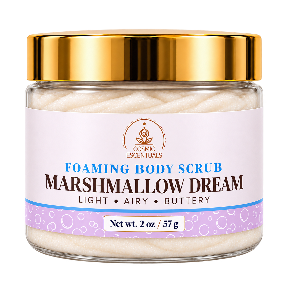 Marshmallow Dream foaming body scrub, 2 oz jar with updated lilac label