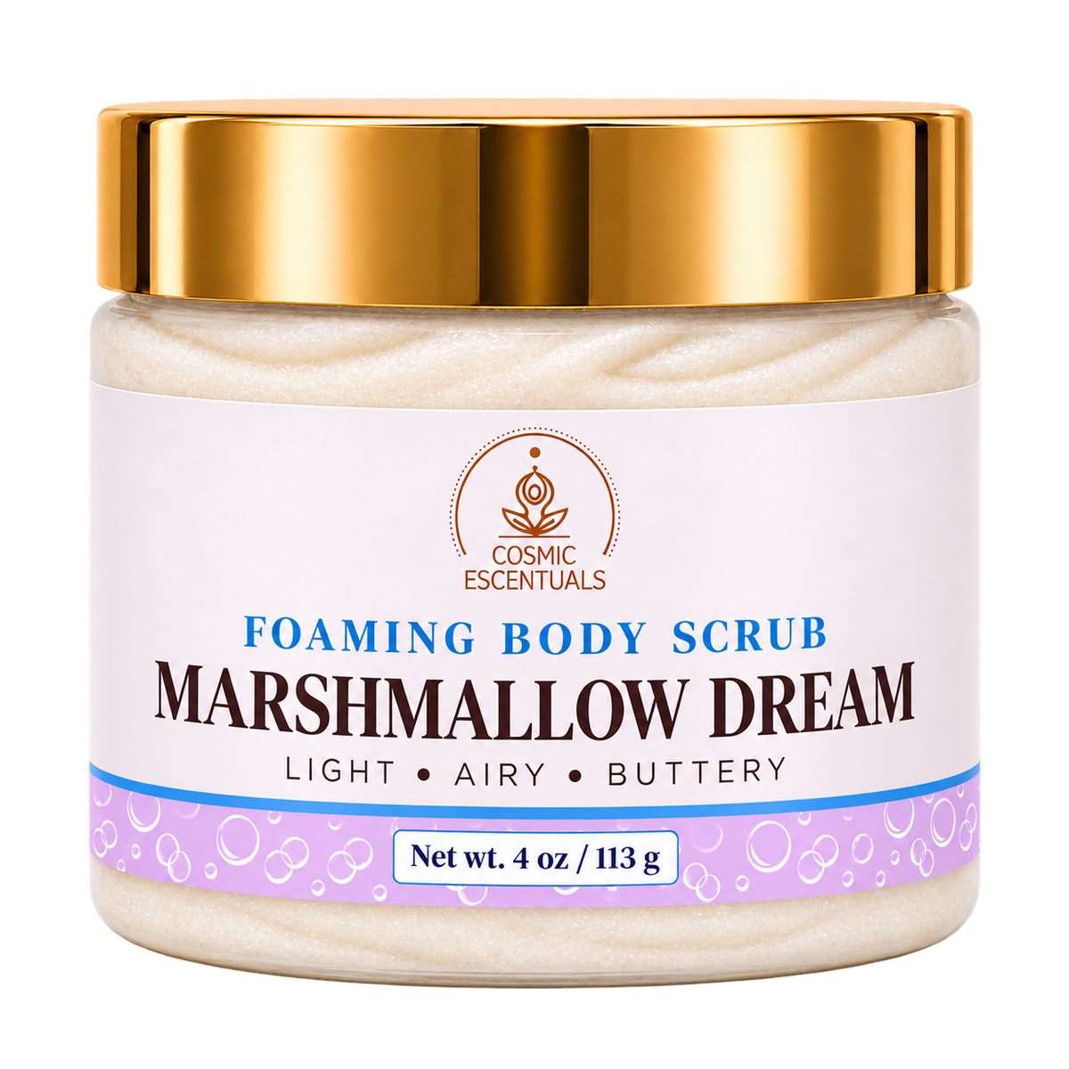 Marshmallow Dream foaming body scrub, 4 oz jar with updated lilac label