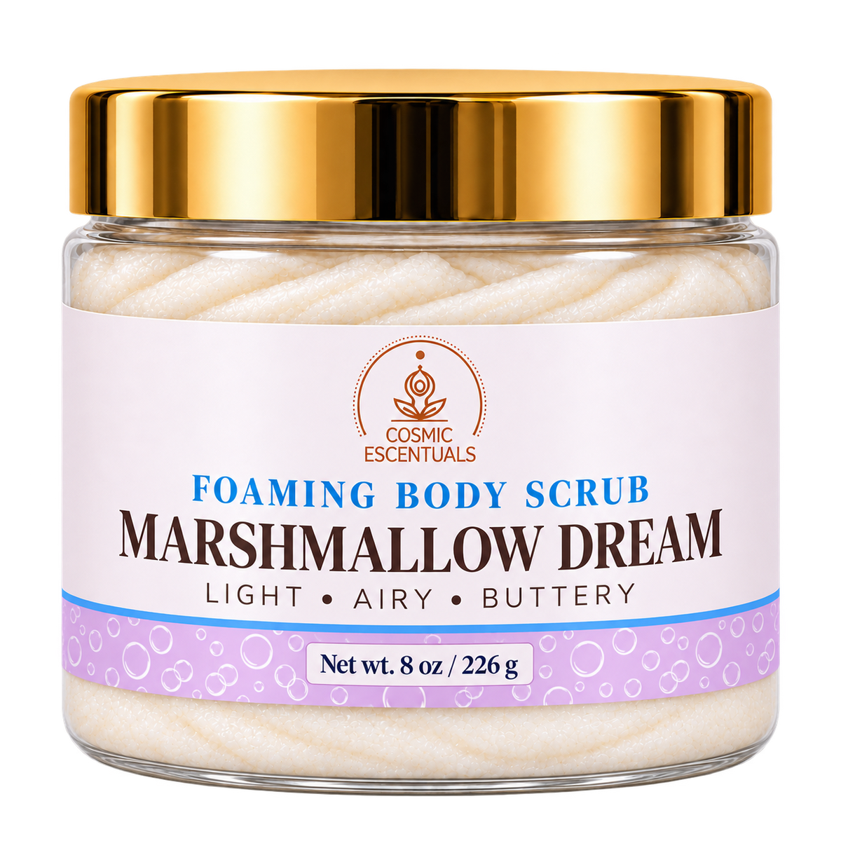 Marshmallow Dream foaming body scrub, 8 oz jar with updated lilac label