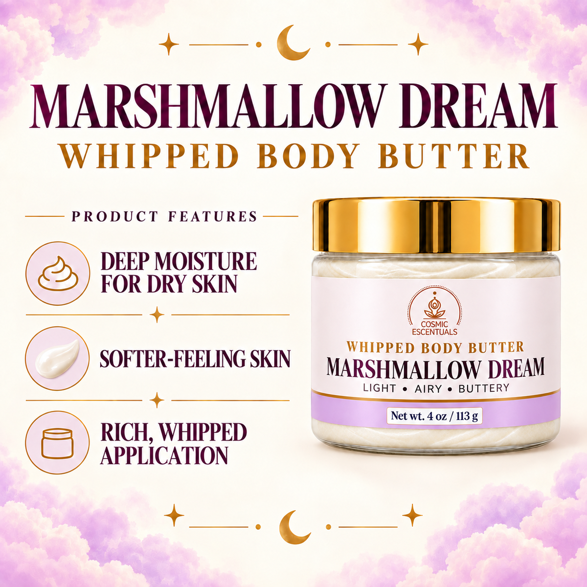 Marshmallow Dream whipped body butter benefits with updated label