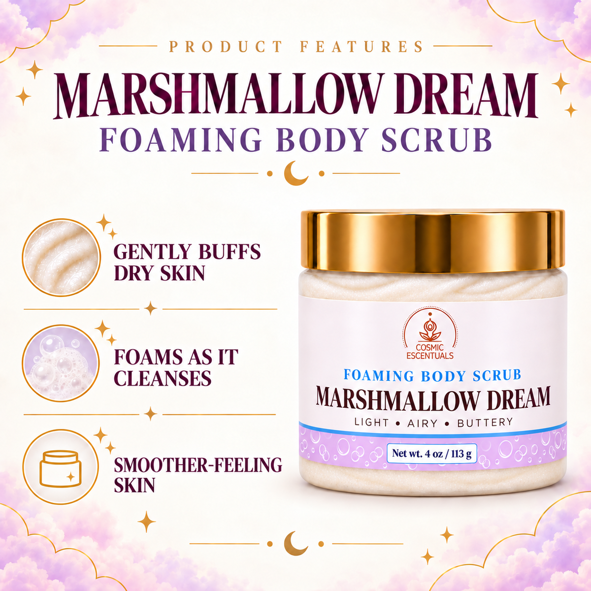 Marshmallow Dream foaming body scrub benefits with updated label