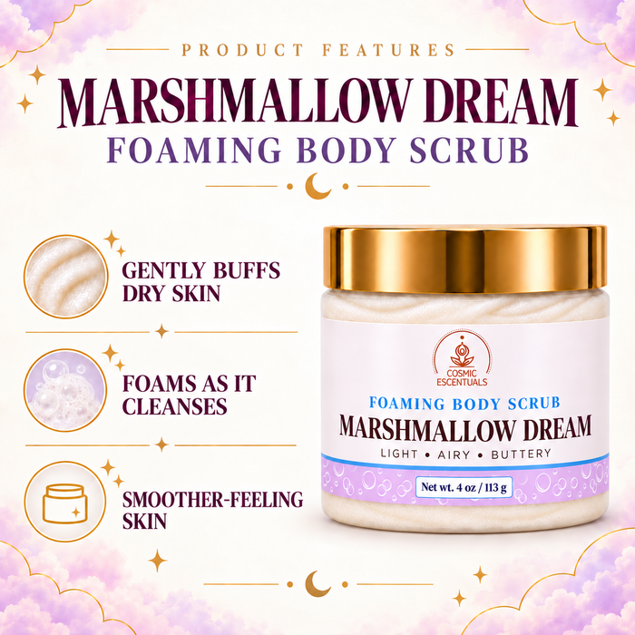 Marshmallow Dream foaming body scrub benefits with updated label