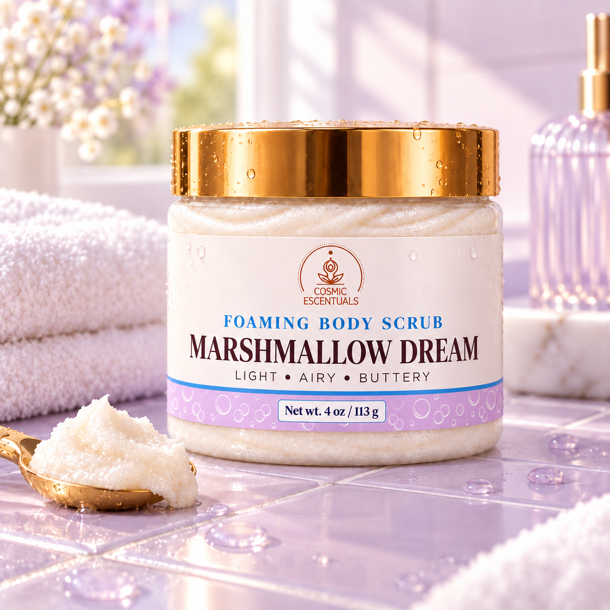 Marshmallow Dream foaming body scrub lifestyle image with updated label