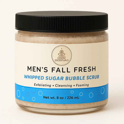 Whipped sugar bubble scrub jar with black ribbed cap, beige exfoliating scrub