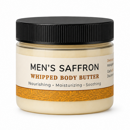 Jar of Men's Saffron whipped body butter on a white background