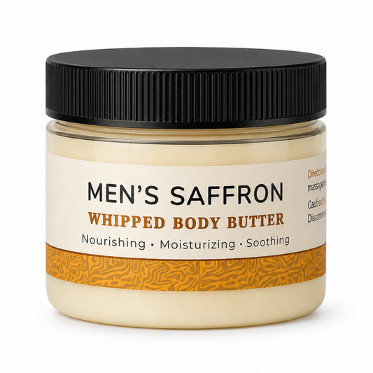 Jar of Men's Saffron whipped body butter on a white background