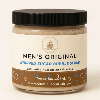 Men's whipped sugar bubble scrub jar, black lid, beige scrub; exfoliating cleansing foaming.