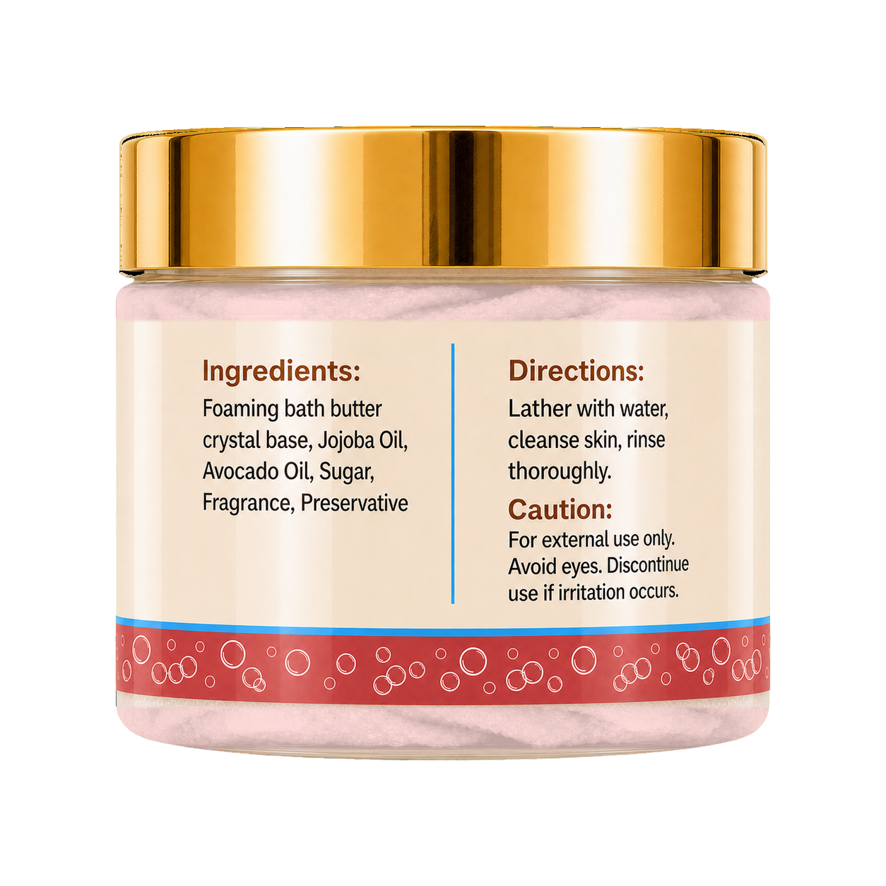A jar of Minted Stardust Foaming Sugar Scrub with a metallic gold lid and a cream-colored label showing ingredients and directions, set against a plain white background.