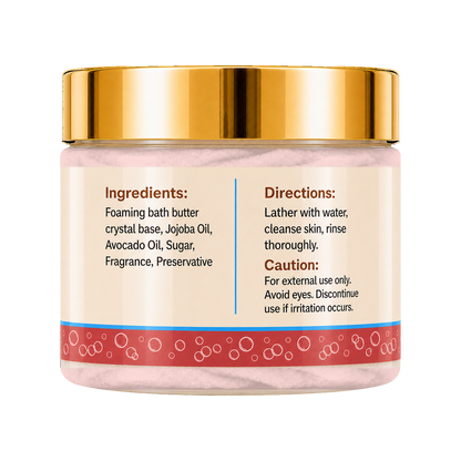 A jar of Minted Stardust Foaming Sugar Scrub with a metallic gold lid and a cream-colored label showing ingredients and directions, set against a plain white background.