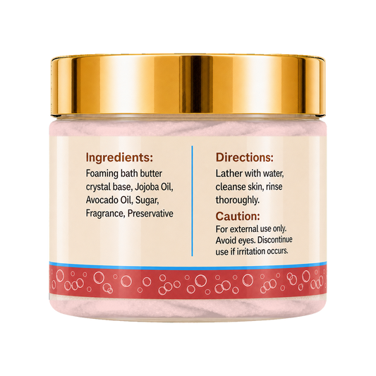A jar of Minted Stardust Foaming Sugar Scrub with a metallic gold lid and a cream-colored label showing ingredients and directions, set against a plain white background.